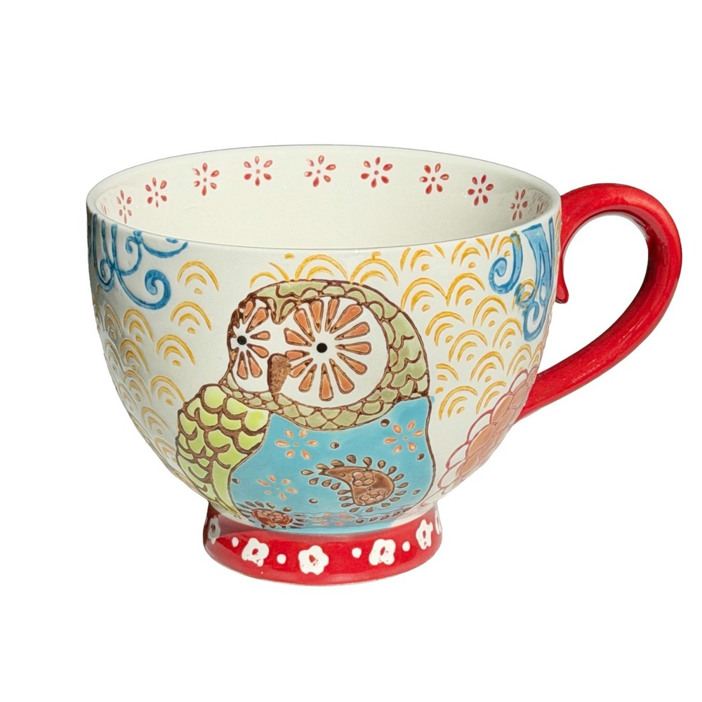 Owl Artistic Accents Hand Painted Coffee Mug Floral Embossed Cup Dutch Wax